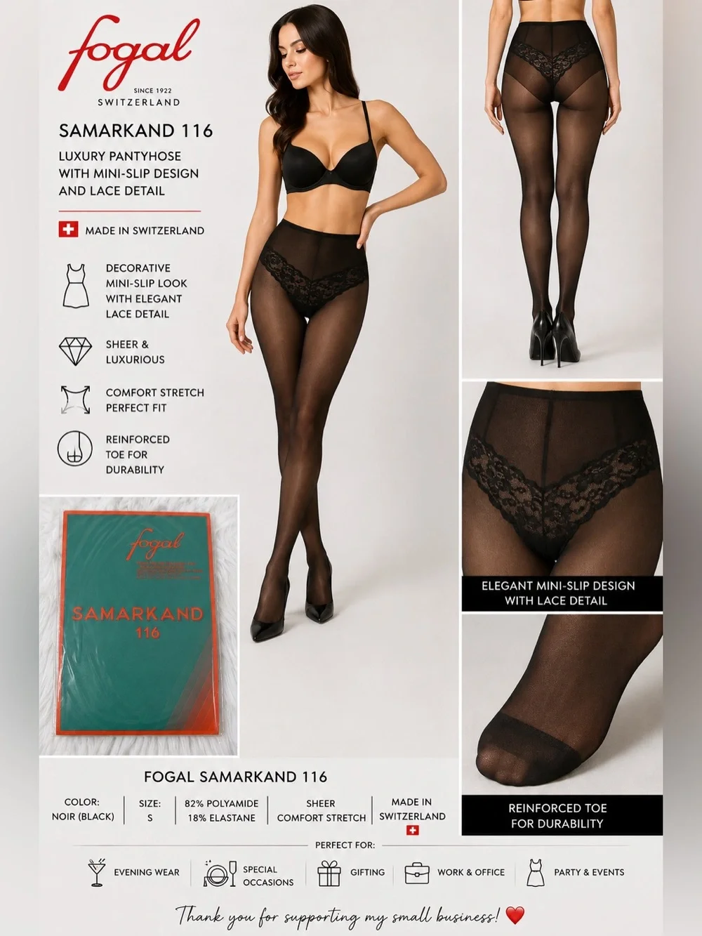 Fogal Samarkand 116 Women’s Luxury Sheer Pantyhose Black Size S Lace Rhinestone